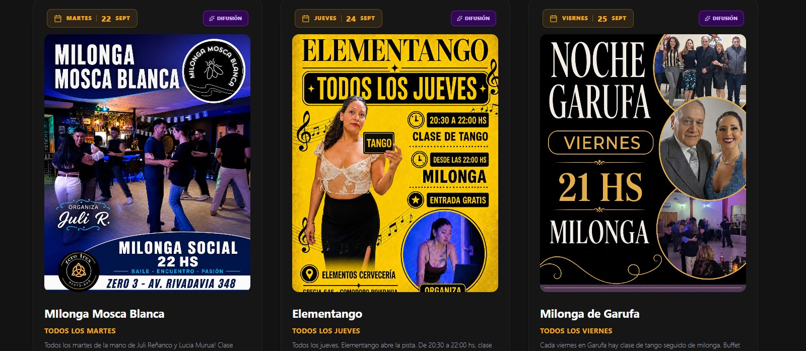 Agenda tanguera del Centro Amigos del Tango